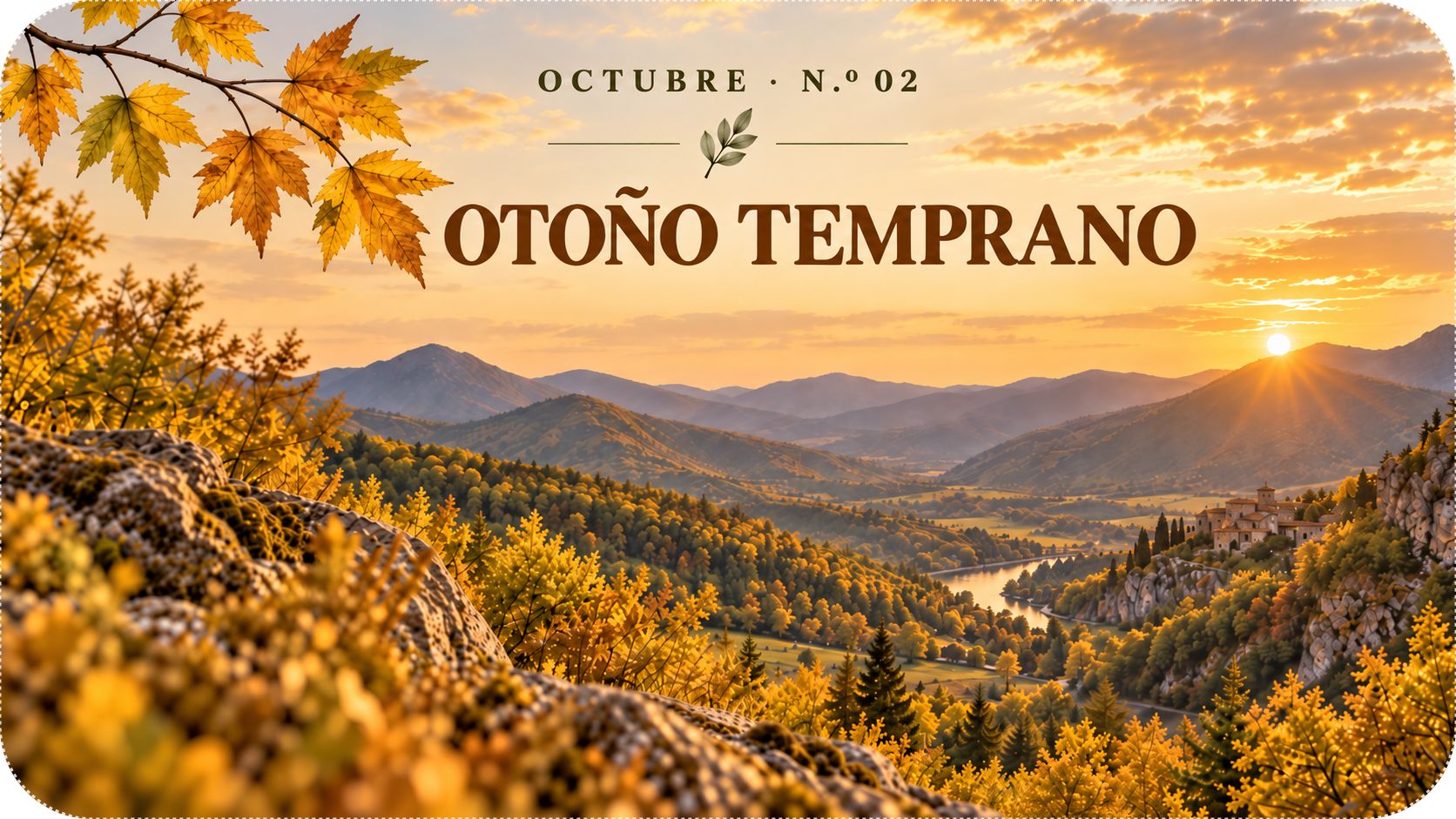 Paisaje de otoño en la sierra al atardecer, con hojas doradas y ocres. Octubre, número 2: Otoño Temprano.